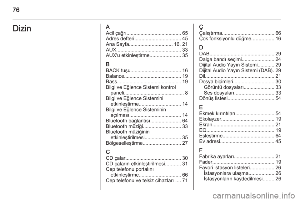 OPEL MOKKA 2014.5  Bilgi ve Eğlence Sistemi Kılavuzu (in Turkish) 76DizinAAcil çağrı ....................................... 65
Adres defteri ................................. 45
Ana Sayfa ............................... 16, 21
AUX ...............................