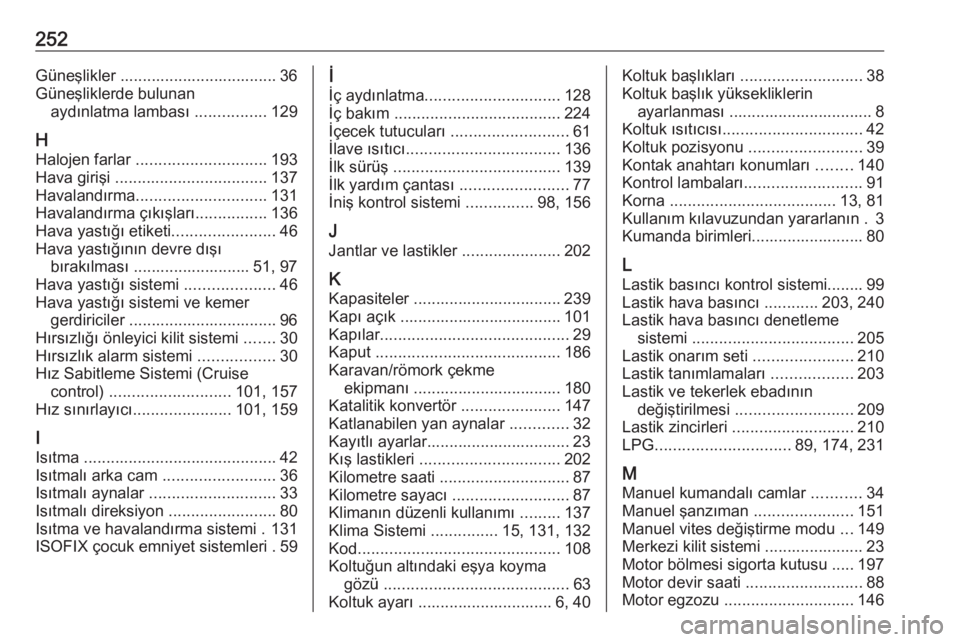 OPEL MOKKA X 2018  Bilgi ve Eğlence Sistemi Kılavuzu (in Turkish) 252Güneşlikler ................................... 36
Güneşliklerde bulunan aydınlatma lambası  ................129
H
Halojen farlar  ............................. 193
Hava girişi  ............