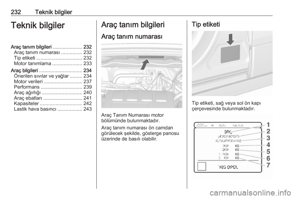 OPEL MOKKA X 2018.5 Bilgi ve Eğlence Sistemi Kılavuzu (in Turkish) 232Teknik bilgilerTeknik bilgilerAraç tanım bilgileri.....................232
Araç tanım numarası ...............232
Tip etiketi ................................. 232
Motor tanımlama ........... OPEL MOKKA X 2018.5 Bilgi ve Eğlence Sistemi Kılavuzu (in Turkish) 232Teknik bilgilerTeknik bilgilerAraç tanım bilgileri.....................232
Araç tanım numarası ...............232
Tip etiketi ................................. 232
Motor tanımlama ...........