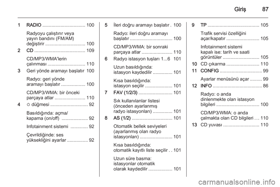 OPEL ZAFIRA C 2015  Bilgi ve Eğlence Sistemi Kılavuzu (in Turkish) Giriş87
1 RADIO................................. 100
Radyoyu çalıştırır veya
yayın bandını (FM/AM)
değiştirir .............................. 100
2 CD .......................................