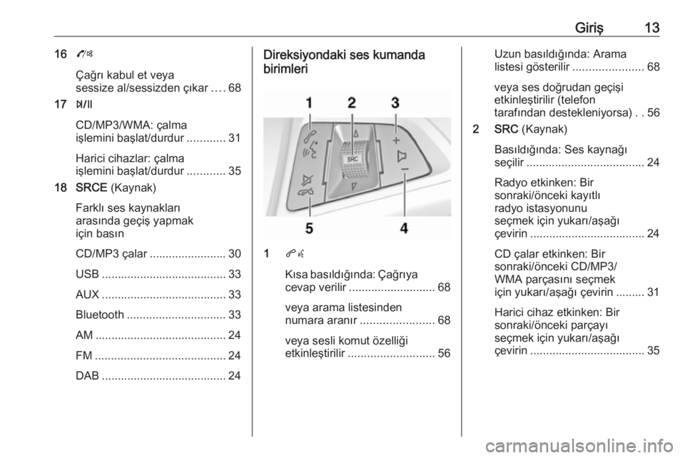 OPEL ZAFIRA C 2016.5  Bilgi ve Eğlence Sistemi Kılavuzu (in Turkish) Giriş1316O
Çağrı kabul et veya
sessize al/sessizden çıkar ....68
17 T
CD/MP3/WMA: çalma
işlemini başlat/durdur ............31
Harici cihazlar: çalma
işlemini başlat/durdur ............35
1