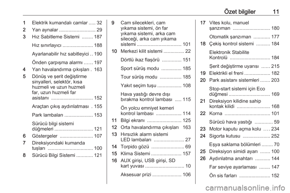 OPEL ZAFIRA C 2016.5  Sürücü El Kitabı (in Turkish) Özet bilgiler111Elektrik kumandalı camlar .....32
2 Yan aynalar ........................... 29
3 Hız Sabitleme Sistemi  ........187
Hız sınırlayıcı ...................... 188
Ayarlanabilir hı