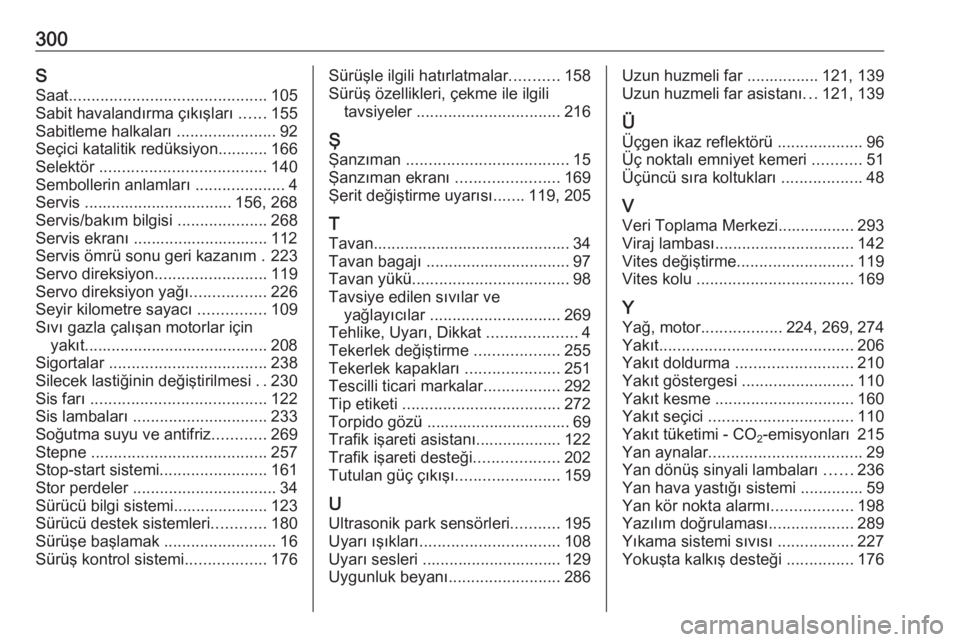 OPEL ZAFIRA C 2017.25  Sürücü El Kitabı (in Turkish) 300SSaat ............................................ 105
Sabit havalandırma çıkışları  ......155
Sabitleme halkaları  ......................92
Seçici katalitik redüksiyon........... 166
Sele
