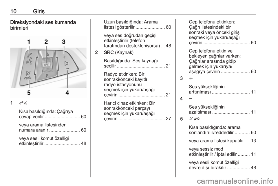 OPEL ZAFIRA C 2017.5  Bilgi ve Eğlence Sistemi Kılavuzu (in Turkish) 10GirişDireksiyondaki ses kumanda
birimleri
1 qw
Kısa basıldığında: Çağrıya
cevap verilir ........................... 60
veya arama listesinden
numara aranır ....................... 60
veya 