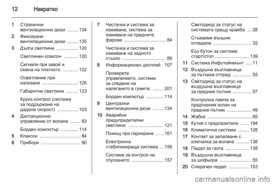 OPEL ANTARA 2014.5  Ръководство за експлоатация (in Bulgarian) 12Накратко
1Странични
вентилационни дюзи  ........134
2 Фиксирани
вентилационни дюзи  ........135
3 Дълги светлини  ...........