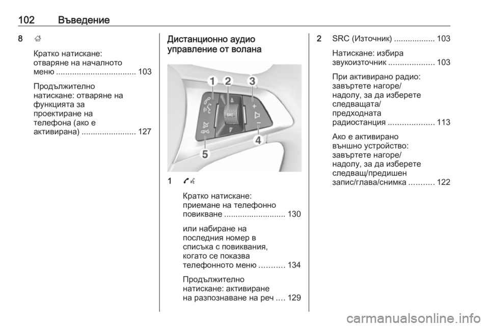 OPEL ASTRA K 2016  Ръководство за Инфотейнмънт (in Bulgarian) 102Въведение8;
Кратко натискане:
отваряне на началното
меню ................................... 103
Продължително
натискане: отв