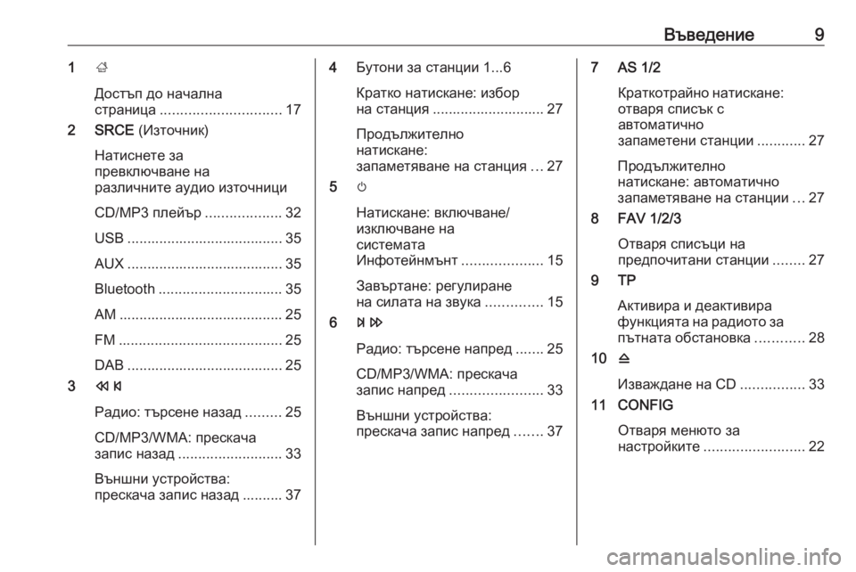 OPEL CASCADA 2016.5  Ръководство за Инфотейнмънт (in Bulgarian) Въведение91;
Достъп до начална страница .............................. 17
2 SRCE  (Източник)
Натиснете за
превключване на
различ�
