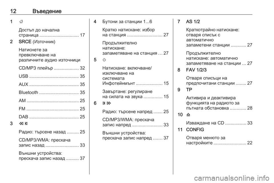OPEL CASCADA 2018.5  Ръководство за Инфотейнмънт (in Bulgarian) 12Въведение1;
Достъп до начална
страница .............................. 17
2 SRCE  (Източник)
Натиснете за
превключване на
различ