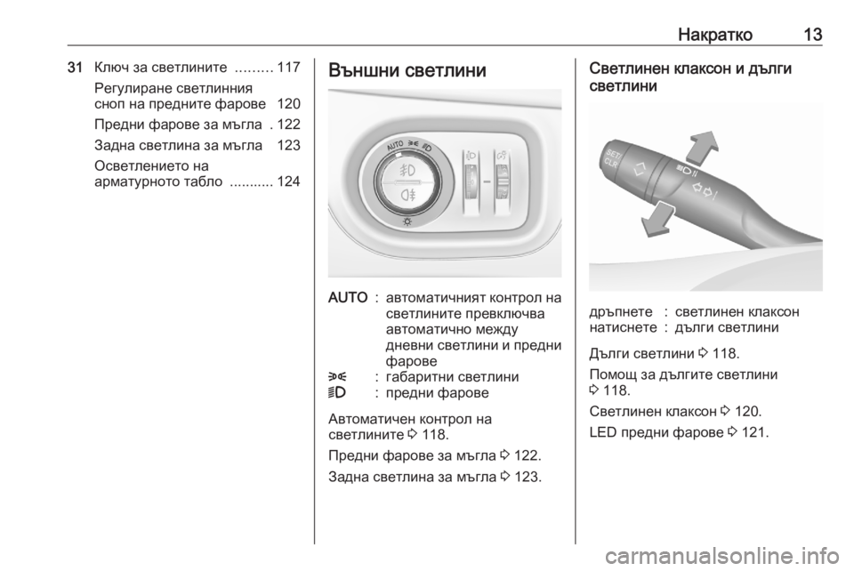 OPEL CROSSLAND X 2020  Ръководство за експлоатация (in Bulgarian) Накратко1331Ключ за светлините  .........117
Регулиране светлинния
сноп на предните фарове  120
Предни фарове за мъгл�