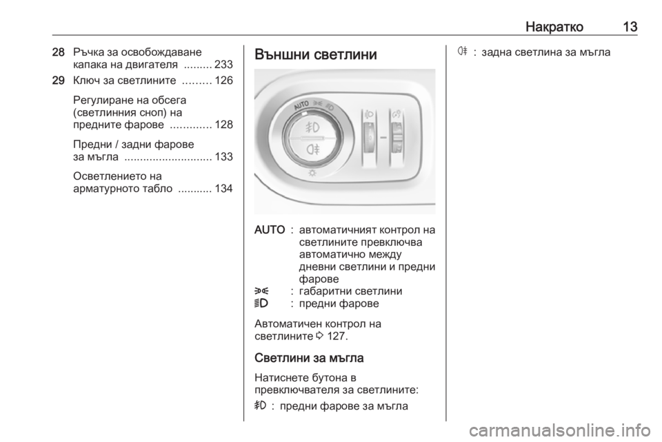 OPEL GRANDLAND X 2019  Ръководство за експлоатация (in Bulgarian) Накратко1328Ръчка за освобождаване
капака на двигателя  .........233
29 Ключ за светлините  .........126
Регулиране на обсе