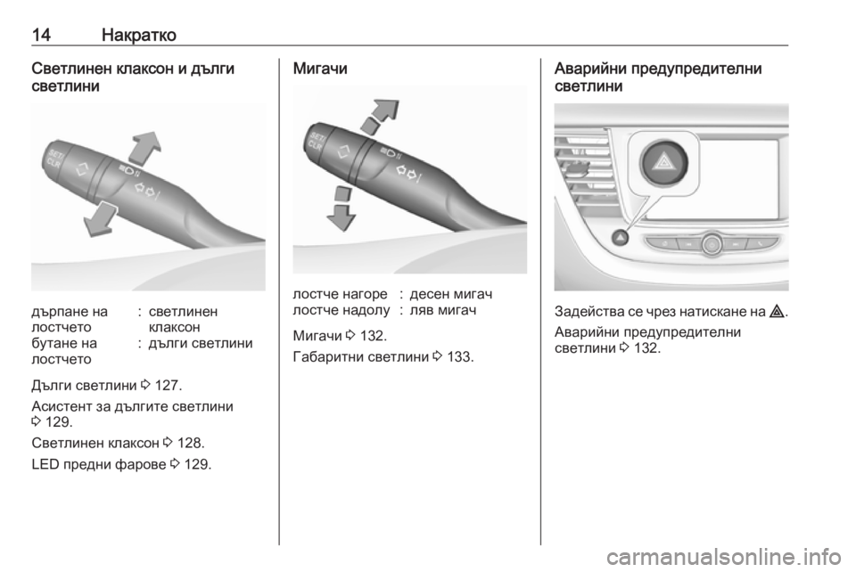 OPEL GRANDLAND X 2019  Ръководство за експлоатация (in Bulgarian) 14НакраткоСветлинен клаксон и дълги
светлинидърпане на
лостчето:светлинен
клаксонбутане на
лостчето:дълги с
