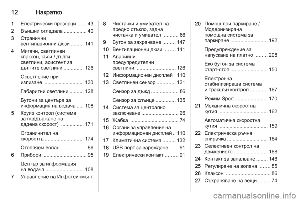 OPEL GRANDLAND X 2019.75  Ръководство за експлоатация (in Bulgarian) 12Накратко1Електрически прозорци ......43
2 Външни огледала ................40
3 Странични
вентилационни дюзи .........141
4 Миг�