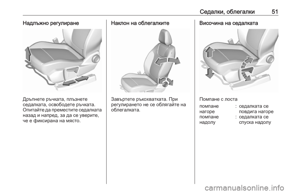 OPEL GRANDLAND X 2019.75  Ръководство за експлоатация (in Bulgarian) Седалки, облегалки51Надлъжно регулиране
Дръпнете ръчката, плъзнете
седалката, освободете ръчката.
Опитайте д