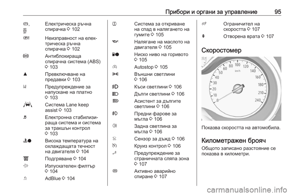 OPEL GRANDLAND X 2019.75  Ръководство за експлоатация (in Bulgarian) Прибори и органи за управление95m,
oЕлектрическа ръчна
спирачка  3 102EНеизправност на елек‐
трическа ръчна
спир