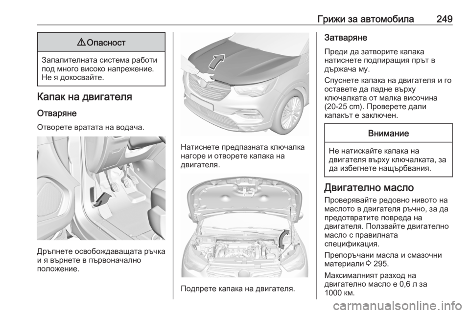 OPEL GRANDLAND X 2020 Ръководство за експлоатация (in Bulgarian) Грижи за автомобила2499Опасност
Запалителната система работи
под много високо напрежение.
Не я докосвайте.
Ка OPEL GRANDLAND X 2020 Ръководство за експлоатация (in Bulgarian) Грижи за автомобила2499Опасност
Запалителната система работи
под много високо напрежение.
Не я докосвайте.
Ка