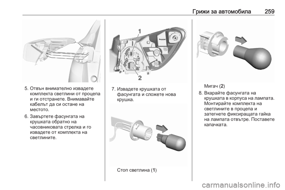 OPEL GRANDLAND X 2020  Ръководство за експлоатация (in Bulgarian) Грижи за автомобила259
5. Отвън внимателно извадетекомплекта светлини от процепа
и ги отстранете. Внимавайте
к