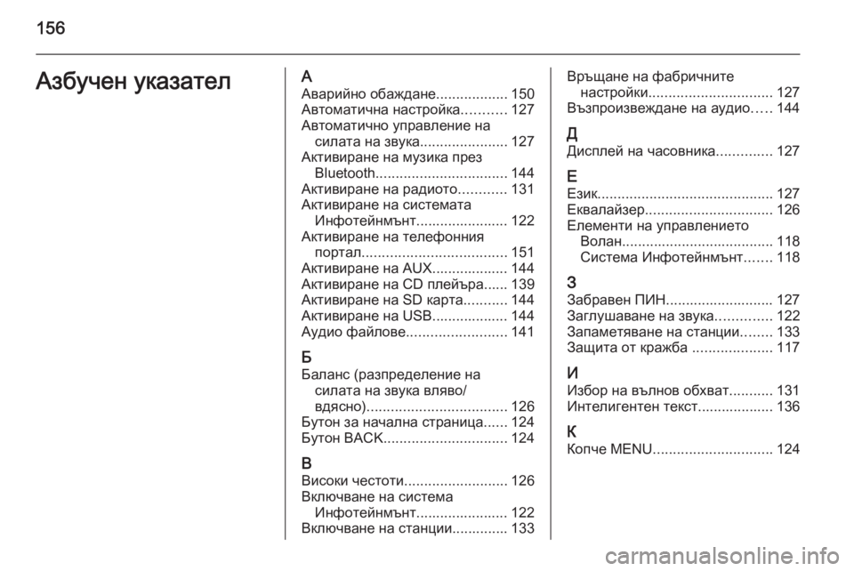 OPEL INSIGNIA 2015.5  Ръководство за Инфотейнмънт (in Bulgarian) 156Азбучен указателААварийно обаждане ..................150
Автоматична настройка ...........127
Автоматично управление на с