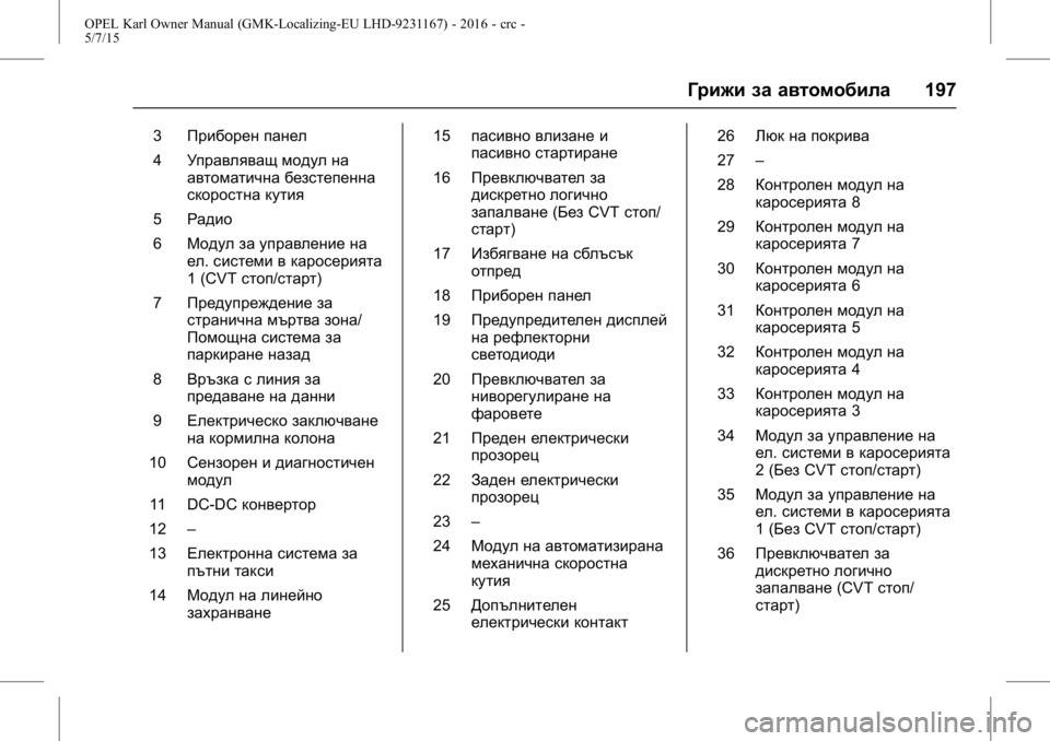 OPEL KARL 2015.75 Ръководство за експлоатация (in Bulgarian) OPEL Karl Owner Manual (GMK-Localizing-EU LHD-9231167) - 2016 - crc -
5/7/15
Грижи за автомобила197
3Приборен панел
4 Управляващ модул на
автомат OPEL KARL 2015.75 Ръководство за експлоатация (in Bulgarian) OPEL Karl Owner Manual (GMK-Localizing-EU LHD-9231167) - 2016 - crc -
5/7/15
Грижи за автомобила197
3Приборен панел
4 Управляващ модул на
автомат