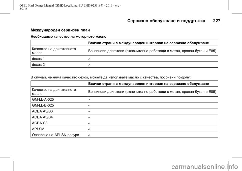 OPEL KARL 2015.75 Ръководство за експлоатация (in Bulgarian) OPEL Karl Owner Manual (GMK-Localizing-EU LHD-9231167) - 2016 - crc -
5/7/15
Сервизно обслужване и поддръжка227
Международен сервизен план
Необ OPEL KARL 2015.75 Ръководство за експлоатация (in Bulgarian) OPEL Karl Owner Manual (GMK-Localizing-EU LHD-9231167) - 2016 - crc -
5/7/15
Сервизно обслужване и поддръжка227
Международен сервизен план
Необ