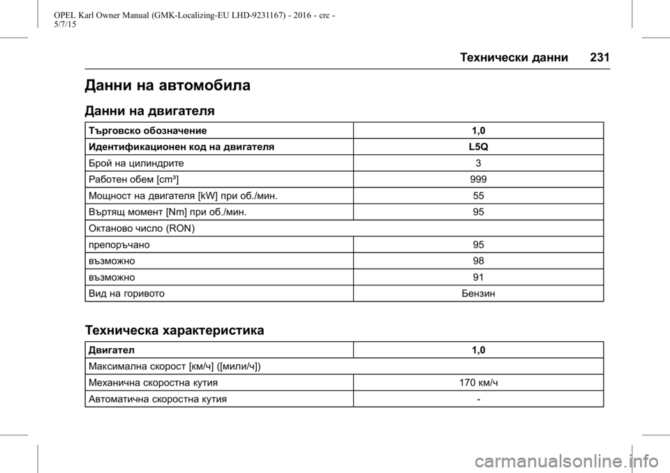 OPEL KARL 2015.75  Ръководство за експлоатация (in Bulgarian) OPEL Karl Owner Manual (GMK-Localizing-EU LHD-9231167) - 2016 - crc -
5/7/15
Технически данни231
Данни на автомобила
Данни на двигателя
Търговск