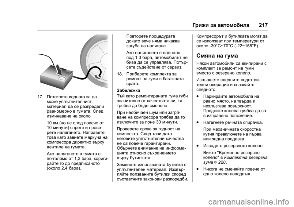 OPEL KARL 2016  Ръководство за експлоатация (in Bulgarian) OPEL Karl Owner Manual (GMK-Localizing-EU LHD-9231167) - 2016 - crc -
9/8/15
Грижи за автомобила217
17.Потеглете веднага за да
може уплътнителния