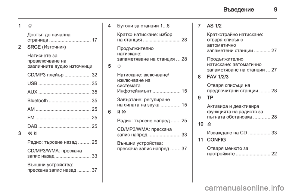 OPEL MERIVA 2015.5  Ръководство за Инфотейнмънт (in Bulgarian) Въведение9
1;
Достъп до начална
страница .............................. 17
2 SRCE  (Източник)
Натиснете за
превключване на
различ
