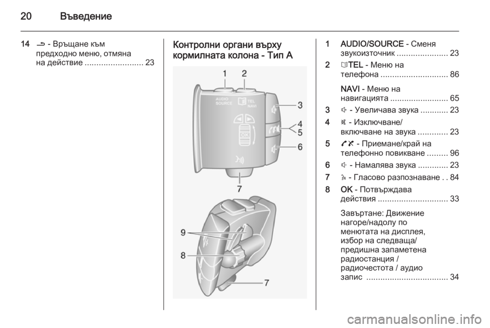 OPEL VIVARO B 2014.5  Ръководство за Инфотейнмънт (in Bulgarian) 20Въведение
14/ - Връщане към
предходно меню, отмяна
на действие ......................... 23Контролни органи върху
кормилна