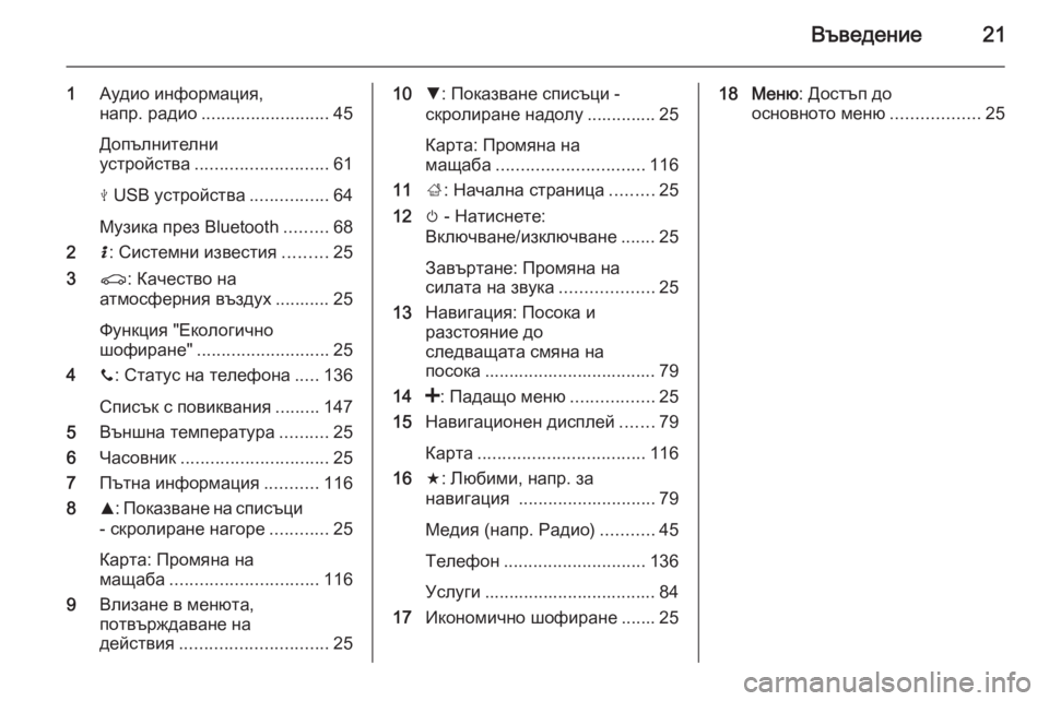 OPEL VIVARO B 2015.5  Ръководство за Инфотейнмънт (in Bulgarian) Въведение21
1Аудио информация,
напр. радио .......................... 45
Допълнителни
устройства ........................... 61
M  USB устро