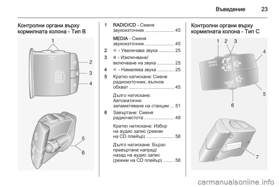 OPEL VIVARO B 2015.5  Ръководство за Инфотейнмънт (in Bulgarian) Въведение23
Контролни органи върху
кормилната колона - Тип В1 RADIO/CD  - Сменя
звукоизточник ......................45
MEDIA  - См�