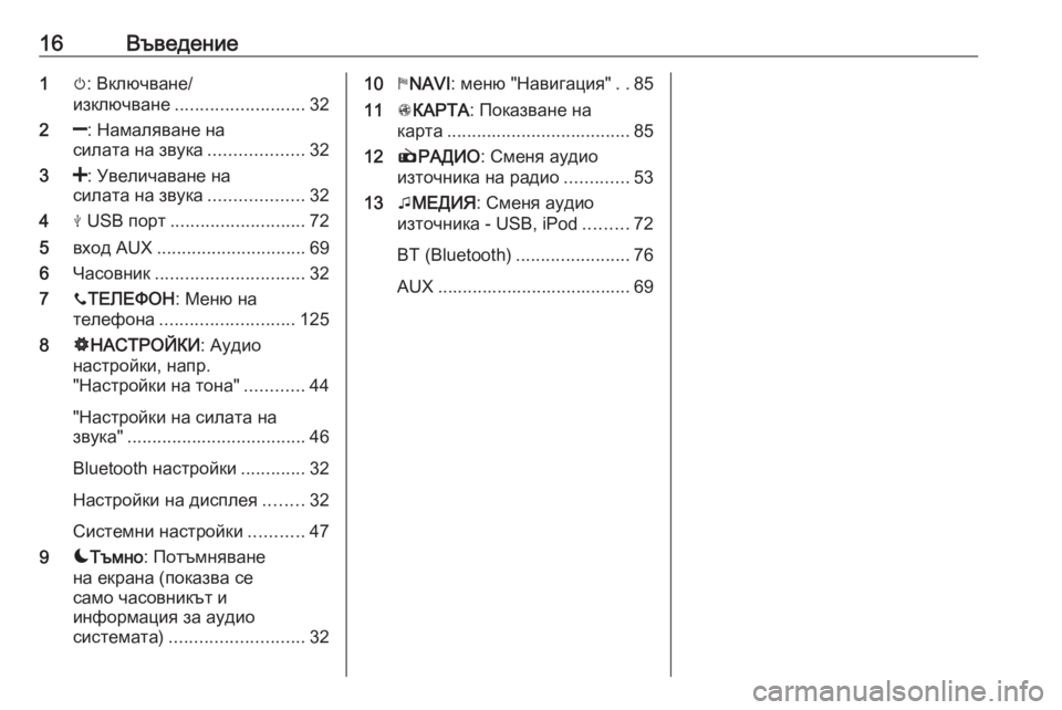 OPEL VIVARO B 2016.5  Ръководство за Инфотейнмънт (in Bulgarian) 16Въведение1m: Включване/
изключване .......................... 32
2 ]: Намаляване на
силата на звука ...................32
3 <: Увеличава