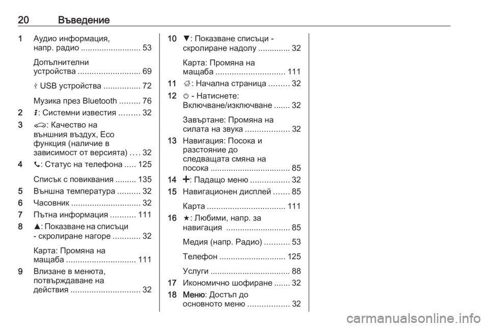 OPEL VIVARO B 2016.5  Ръководство за Инфотейнмънт (in Bulgarian) 20Въведение1Аудио информация,
напр. радио .......................... 53
Допълнителни
устройства ........................... 69
M  USB устро�