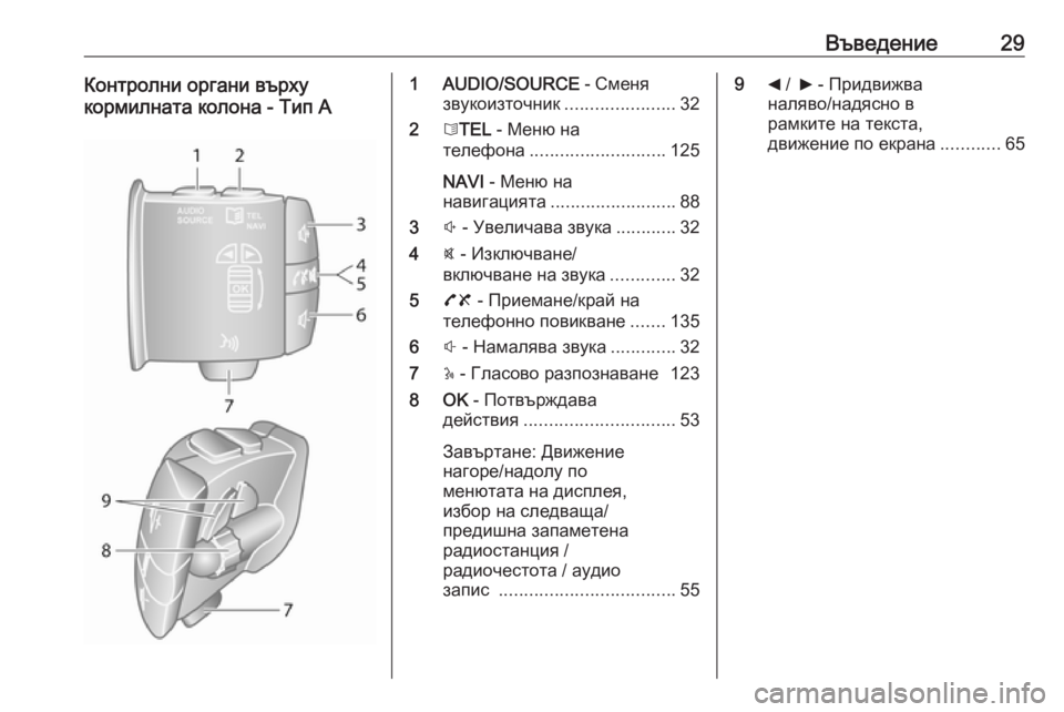 OPEL VIVARO B 2016.5  Ръководство за Инфотейнмънт (in Bulgarian) Въведение29Контролни органи върху
кормилната колона - Тип A1 AUDIO/SOURCE  - Сменя
звукоизточник ......................32
2 6TEL  - М