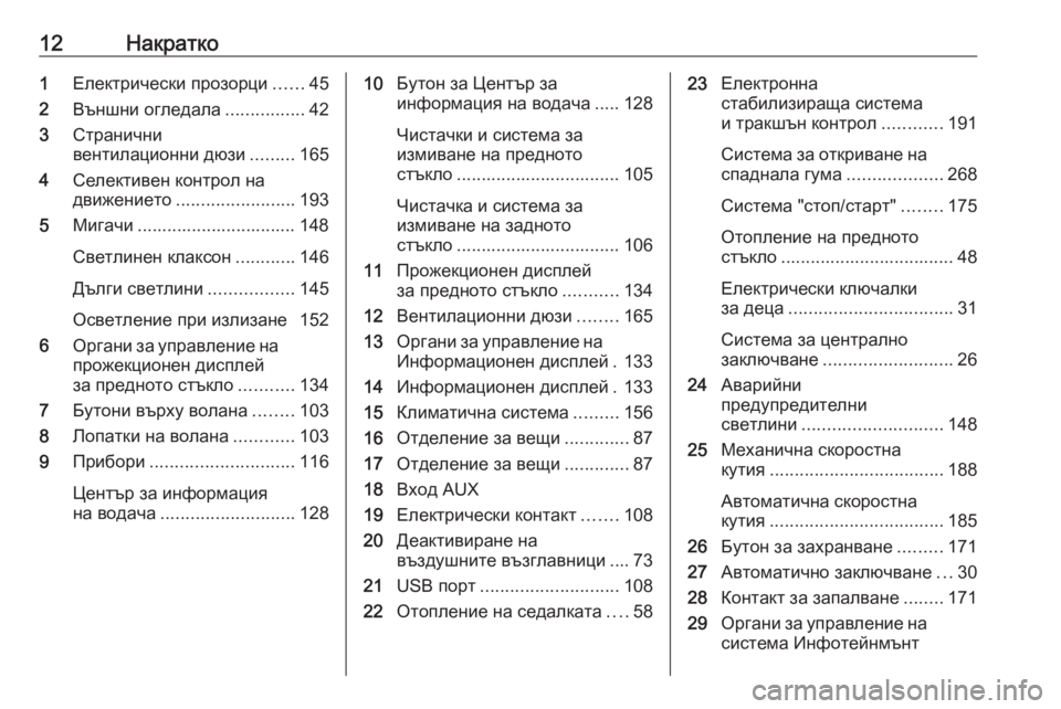 OPEL VIVARO C 2020  Ръководство за експлоатация (in Bulgarian) 12Накратко1Електрически прозорци ......45
2 Външни огледала ................42
3 Странични
вентилационни дюзи .........165
4 Сел�