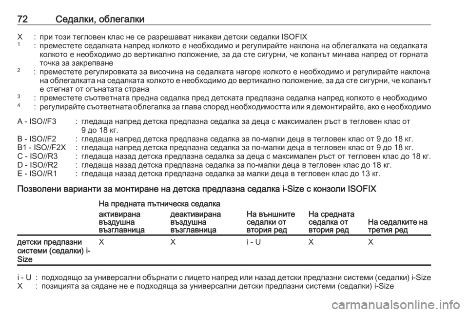 OPEL ZAFIRA C 2017.25 Ръководство за експлоатация (in Bulgarian) 72Седалки, облегалкиX:при този тегловен клас не се разрешават никакви детски седалки ISOFIX1:преместете седалкат OPEL ZAFIRA C 2017.25 Ръководство за експлоатация (in Bulgarian) 72Седалки, облегалкиX:при този тегловен клас не се разрешават никакви детски седалки ISOFIX1:преместете седалкат