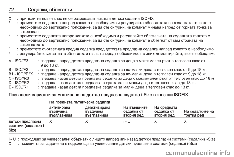 OPEL ZAFIRA C 2018 Ръководство за експлоатация (in Bulgarian) 72Седалки, облегалкиX:при този тегловен клас не се разрешават никакви детски седалки ISOFIX1:преместете седалкат OPEL ZAFIRA C 2018 Ръководство за експлоатация (in Bulgarian) 72Седалки, облегалкиX:при този тегловен клас не се разрешават никакви детски седалки ISOFIX1:преместете седалкат