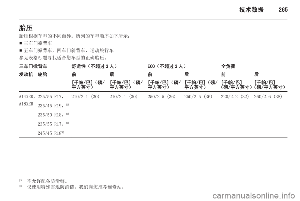 OPEL ASTRA J 2014  车主手册 (in Chinese) 技术数据265胎压胎压根据车型的不同而异。所列的车型顺序如下所示：
■ 三车门掀背车
■ 五车门掀背车，四车门斜背车，运动旅行车
参见表格标题寻