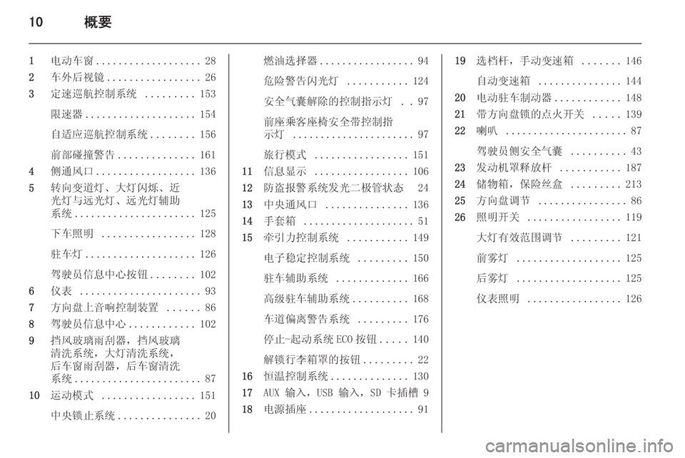 OPEL ASTRA J 2014.5 车主手册 (in Chinese) 10概要
1电动车窗 ................... 28
2 车外后视镜 ................. 26
3 定速巡航控制系统 .........153
限速器 .................... 154
自适应巡航控制系统 ........156 OPEL ASTRA J 2014.5 车主手册 (in Chinese) 10概要
1电动车窗 ................... 28
2 车外后视镜 ................. 26
3 定速巡航控制系统 .........153
限速器 .................... 154
自适应巡航控制系统 ........156