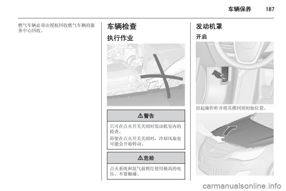 OPEL ASTRA J 2014.5  车主手册 (in Chinese) 车辆保养187
燃气车辆必须由授权回收燃气车辆的服
务中心回收。车辆检查
执行作业9 警告
只可在点火开关关闭时发动机室内的
检查。
即使在点火开关