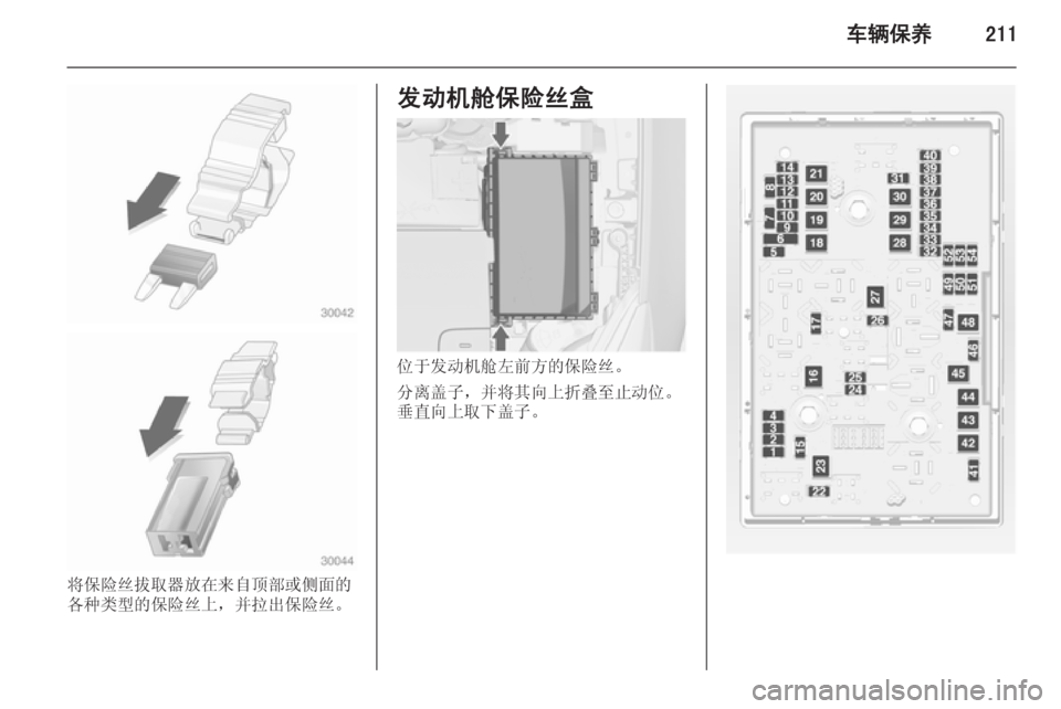 OPEL ASTRA J 2014.5  车主手册 (in Chinese) 车辆保养211
将保险丝拔取器放在来自顶部或侧面的
各种类型的保险丝上，并拉出保险丝。
发动机舱保险丝盒
位于发动机舱左前方的保险丝。
分离盖子