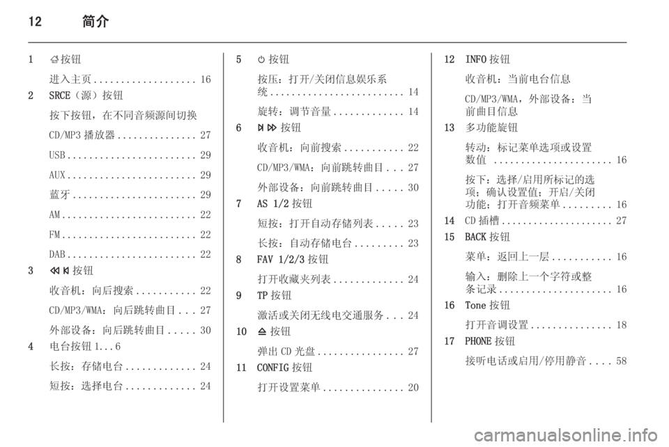OPEL ASTRA J 2015  信息娱乐系统 (in Chinese) 12简介
1;按钮
进入主页 ................... 16
2 SRCE （源）按钮
按下按钮，在不同音频源间切换
CD/MP3 播放器 ............... 27
USB ........................ 29
AUX ........