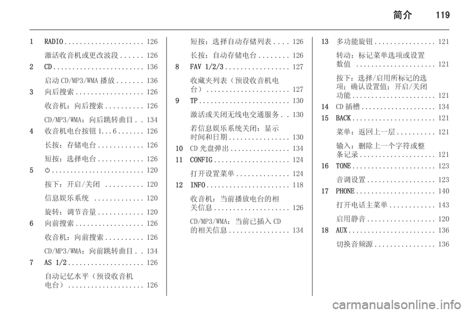 OPEL ASTRA J 2015.5 信息娱乐系统 (in Chinese) 简介119
1 RADIO..................... 126
激活收音机或更改波段 ......126
2 CD ........................ 136
启动 CD/MP3/WMA 播放 .......136
3 向后搜索 .................. 126
收音 OPEL ASTRA J 2015.5 信息娱乐系统 (in Chinese) 简介119
1 RADIO..................... 126
激活收音机或更改波段 ......126
2 CD ........................ 136
启动 CD/MP3/WMA 播放 .......136
3 向后搜索 .................. 126
收音