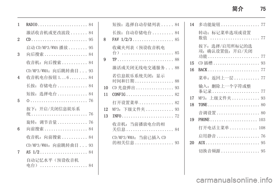 OPEL ASTRA J 2015.5 信息娱乐系统 (in Chinese) 简介75
1 RADIO...................... 84
激活收音机或更改波段 .......84
2 CD ......................... 95
启动 CD/MP3/WMA 播放 ........95
3 向后搜索 ................... 84
收音机 OPEL ASTRA J 2015.5 信息娱乐系统 (in Chinese) 简介75
1 RADIO...................... 84
激活收音机或更改波段 .......84
2 CD ......................... 95
启动 CD/MP3/WMA 播放 ........95
3 向后搜索 ................... 84
收音机