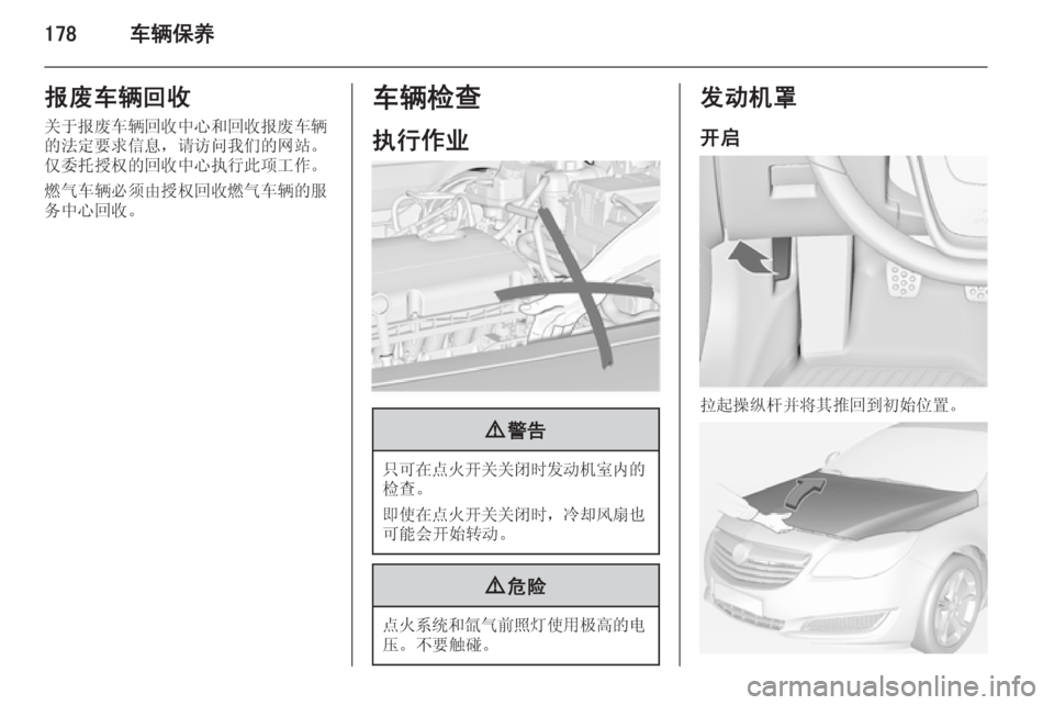 OPEL INSIGNIA 2014  车主手册 (in Chinese) 178车辆保养报废车辆回收
关于报废车辆回收中心和回收报废车辆
的法定要求信息，请访问我们的网站。 仅委托授权的回收中心执行此项工作。
燃气车