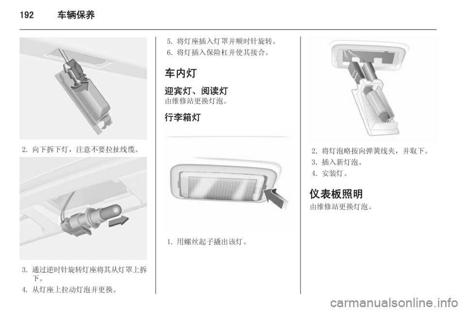 OPEL INSIGNIA 2014  车主手册 (in Chinese) 192车辆保养
2. 向下拆下灯，注意不要拉扯线缆。
3.通过逆时针旋转灯座将其从灯罩上拆
下。
4. 从灯座上拉动灯泡并更换。
5. 将灯座插入灯罩并顺时针