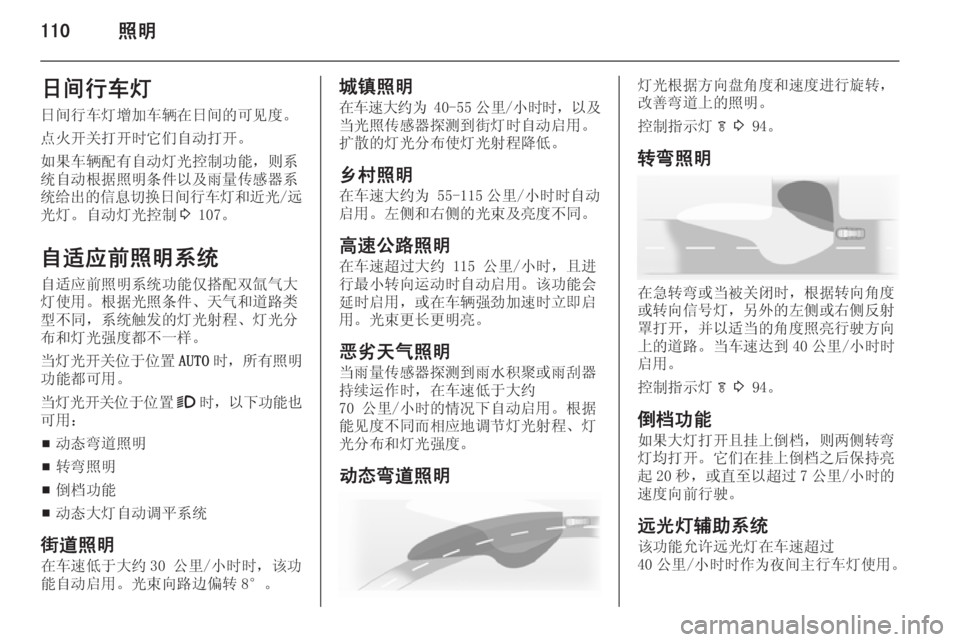 OPEL INSIGNIA 2014.5  车主手册 (in Chinese) 110照明日间行车灯
日间行车灯增加车辆在日间的可见度。
点火开关打开时它们自动打开。
如果车辆配有自动灯光控制功能，则系
统自动根据照明条件