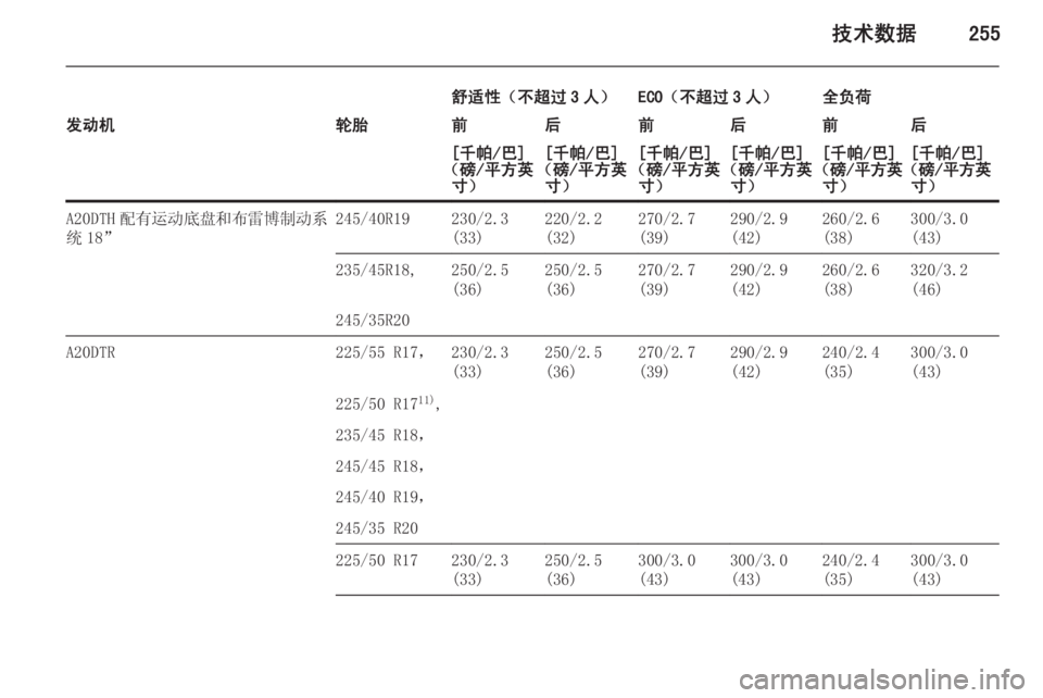 OPEL INSIGNIA 2014.5  车主手册 (in Chinese) 技术数据255
舒适性（不超过 3 人）ECO（不超过 3 人）全负荷发动机轮胎前后前后前后[千帕/巴]
（磅/平方英 寸）[千帕/巴]
（磅/平方英 寸）[千帕/巴]
（