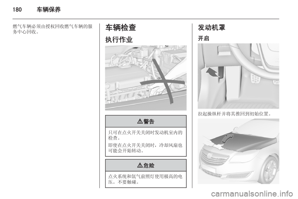 OPEL INSIGNIA 2015  车主手册 (in Chinese) 180车辆保养
燃气车辆必须由授权回收燃气车辆的服
务中心回收。车辆检查
执行作业9 警告
只可在点火开关关闭时发动机室内的
检查。
即使在点火开关