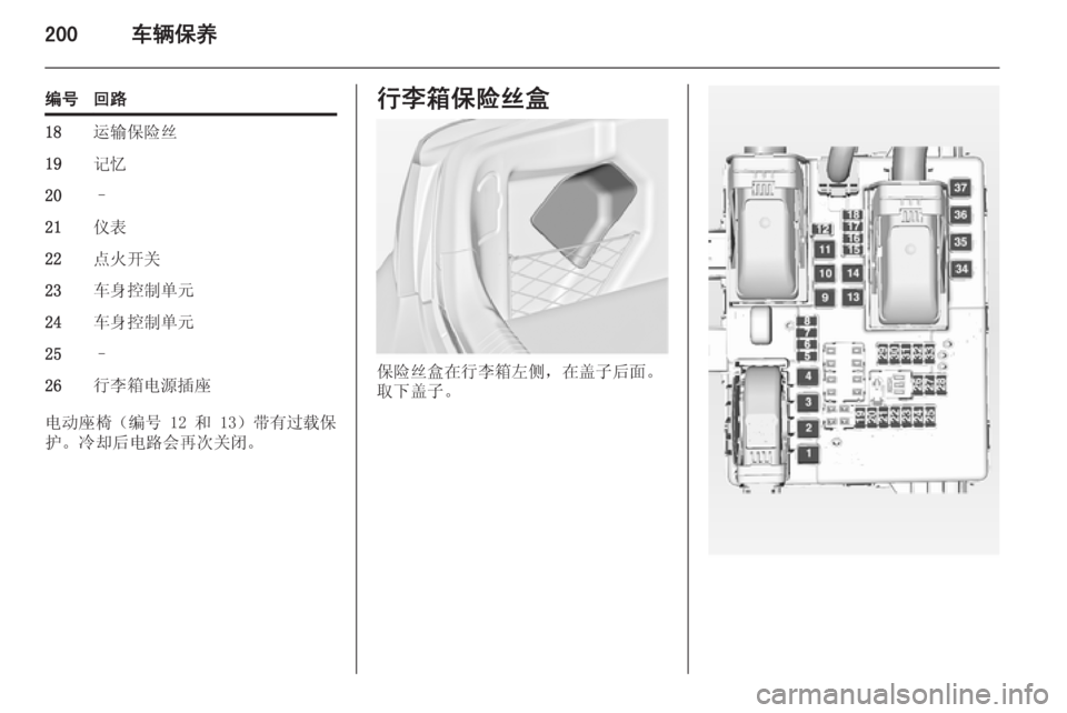 OPEL INSIGNIA 2015  车主手册 (in Chinese) 200车辆保养
编号回路18运输保险丝19记忆20–21仪表22点火开关23车身控制单元24车身控制单元25–26行李箱电源插座
电动座椅（编号 12 和 13） 带有过载保
