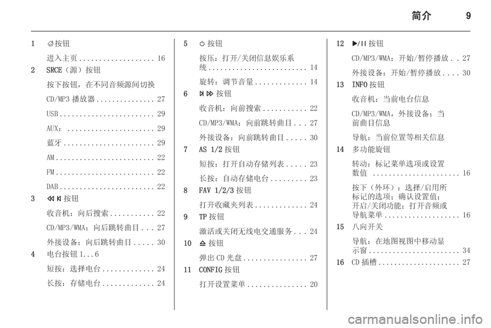 OPEL MERIVA 2014.5  信息娱乐系统 (in Chinese) 简介9
1;按钮
进入主页 ................... 16
2 SRCE （源）按钮
按下按钮，在不同音频源间切换
CD/MP3 播放器 ............... 27
USB ........................ 29
AUX： ......