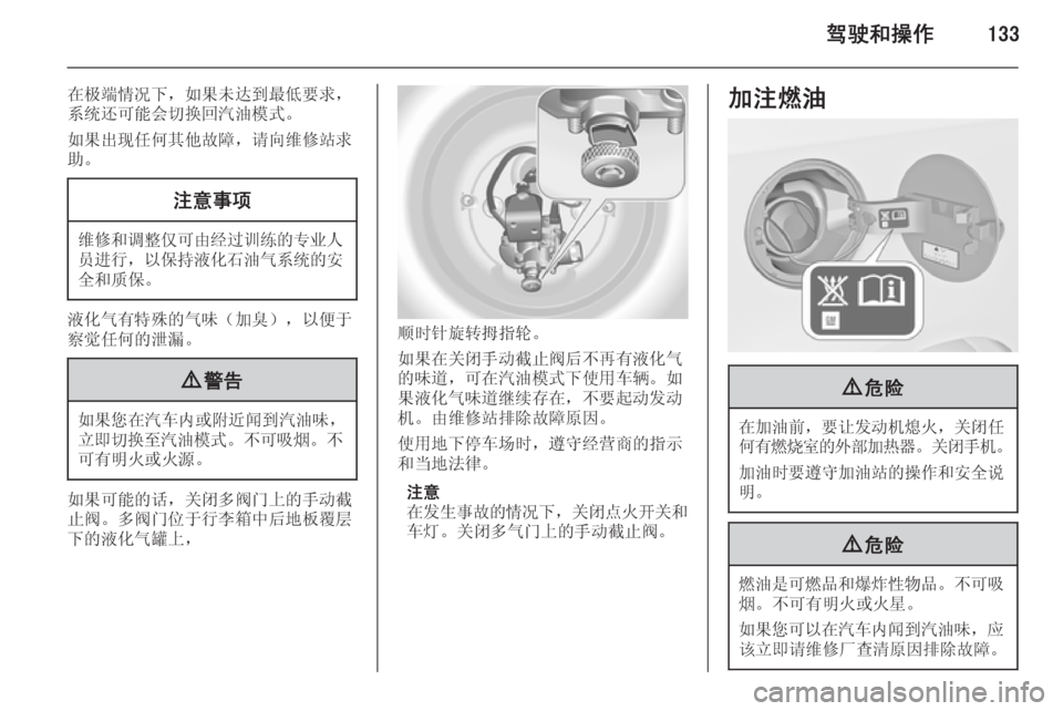 OPEL MERIVA 2014.5  车主手册 (in Chinese) 驾驶和操作133
在极端情况下，如果未达到最低要求，
系统还可能会切换回汽油模式。
如果出现任何其他故障，请向维修站求 助。注意事项
维修和调整